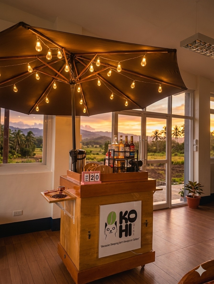 KOHI Cafe interior with coffee cart and sunset view